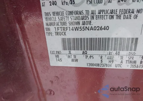 2005 Ford F-150 Stx/Xl/Xlt из США, поврежденный, VIN 1FTRF14W55NA02640